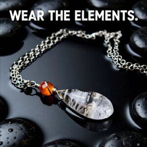 Clear Quartz w. Natural Rock Inclusions + Orange Agate Top Bead! Chain Included